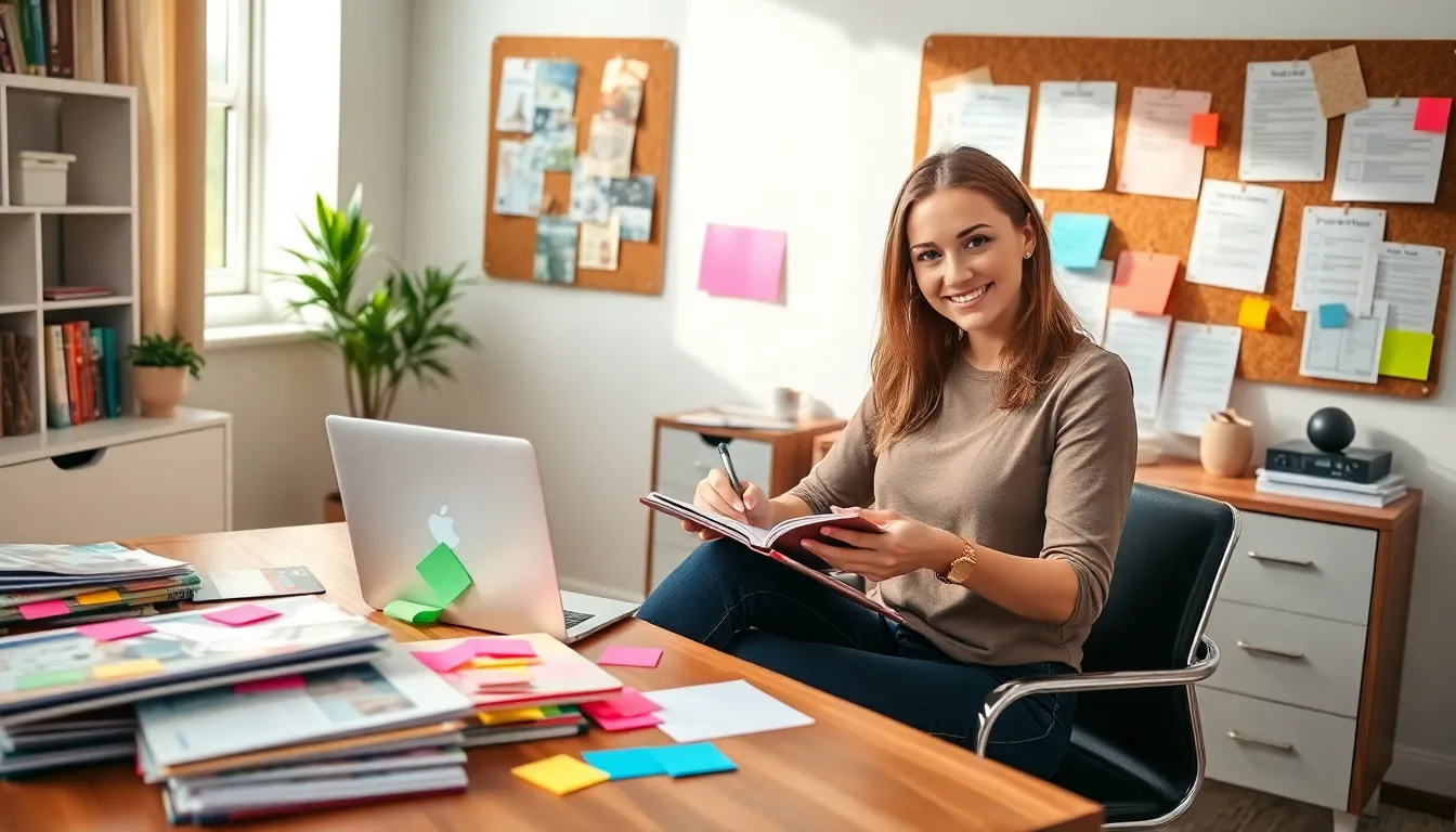 a woman planning a budget-friendly event in a cozy office.