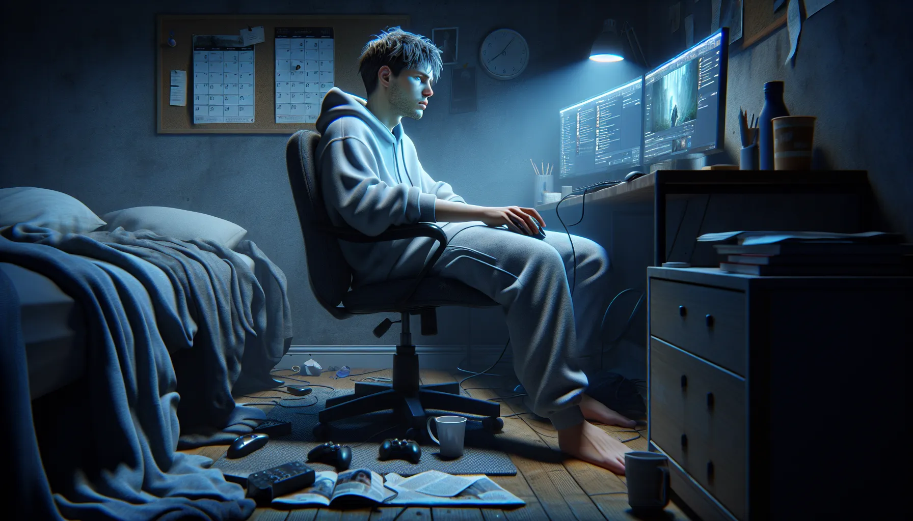 Tired young man gaming late at night, neglecting tasks in a norwegian room.