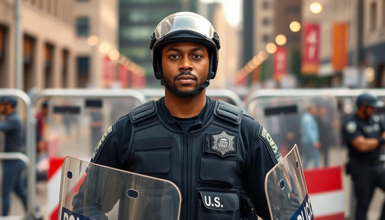 police officer in advanced riot gear in an urban setting.