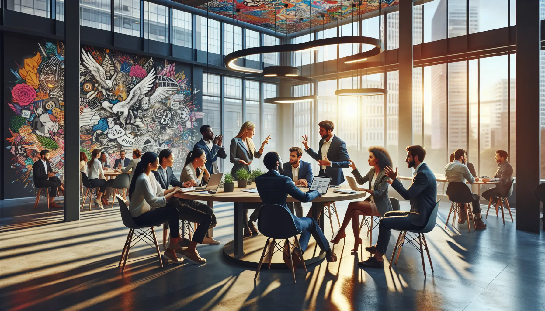 diverse entrepreneurs networking in a modern co-working space.