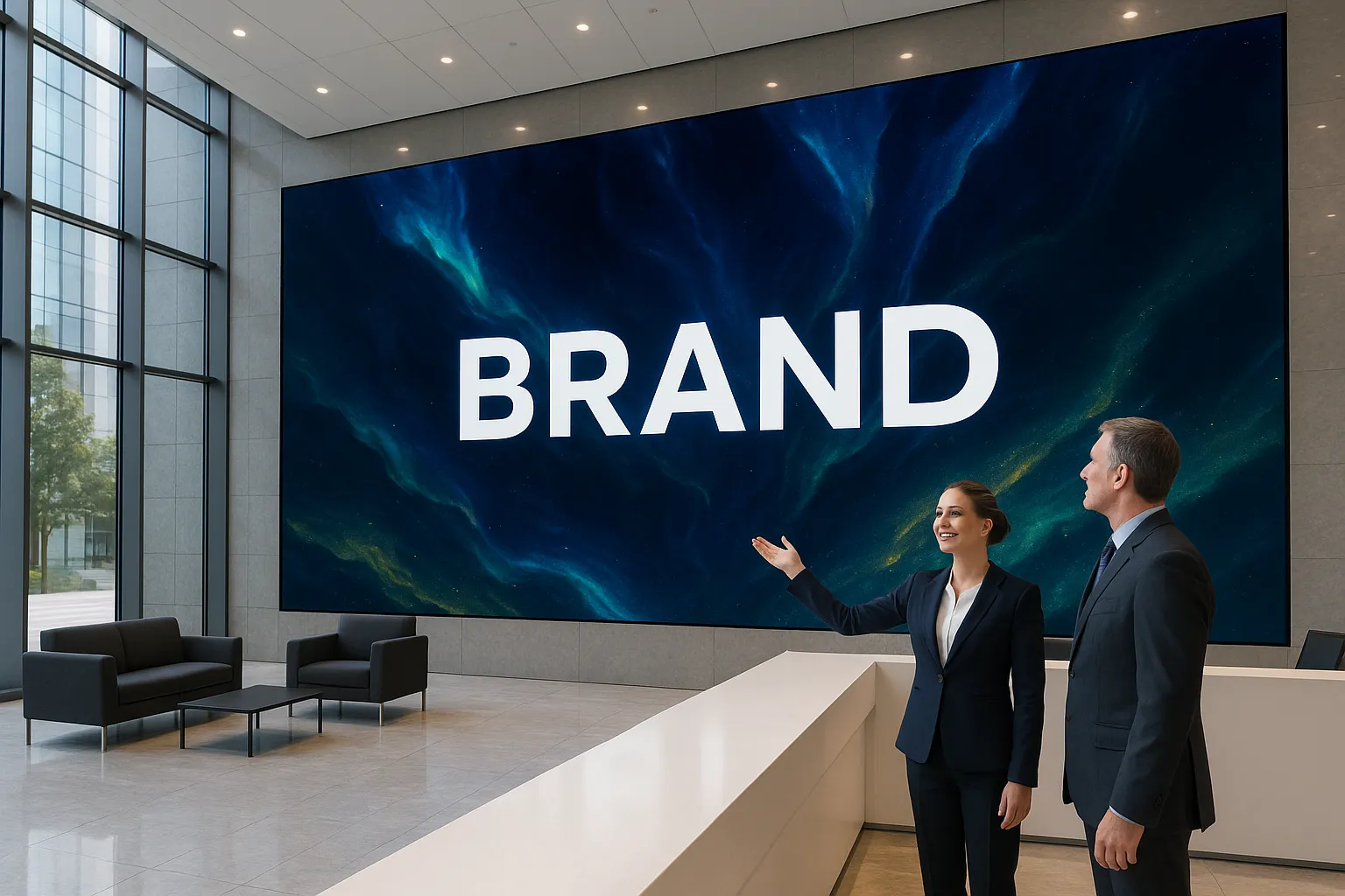 Large seamless LED video wall in a bright modern corporate lobby with two professionals.