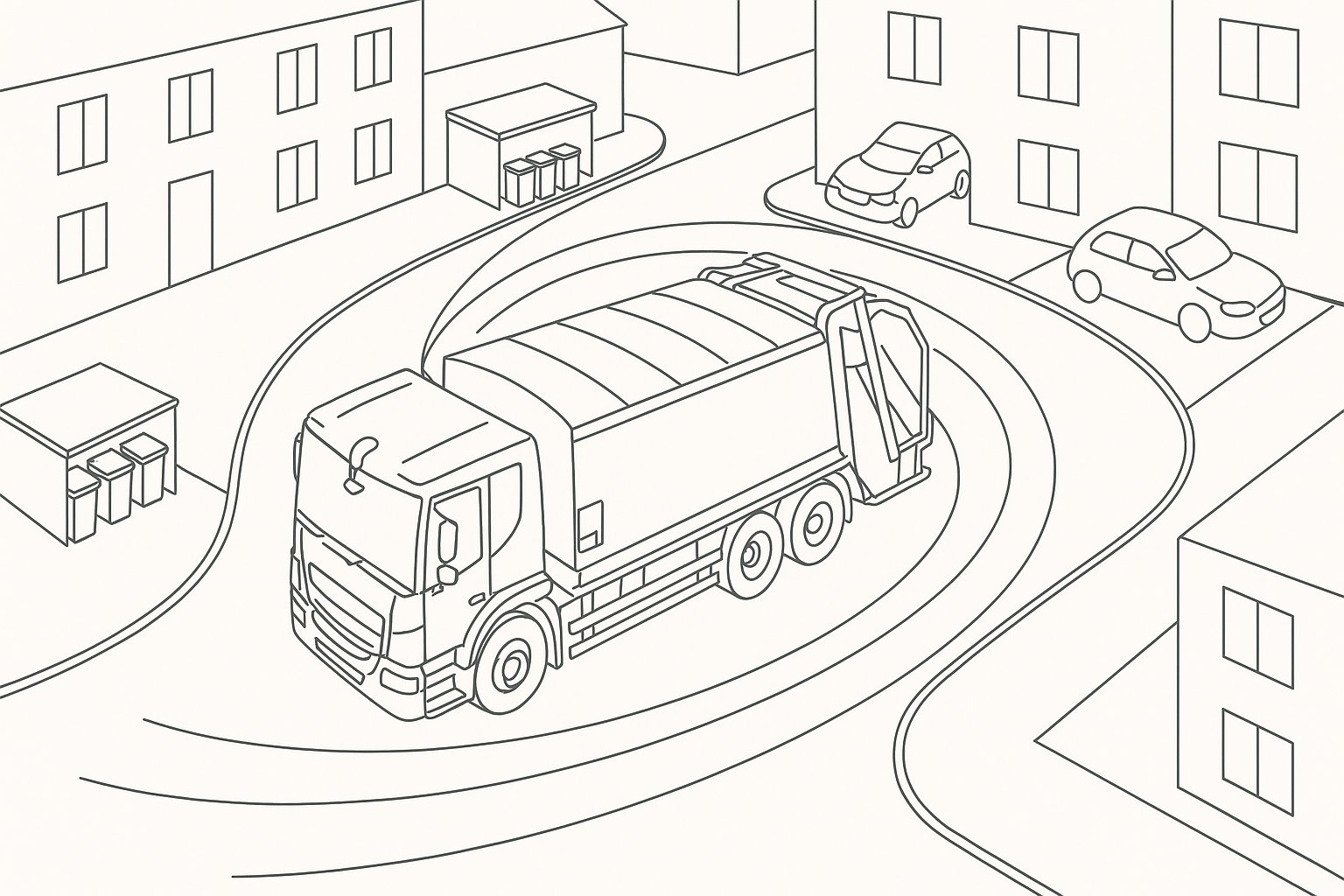 Refuse lorry turning through a tight residential access with tracked path lines.