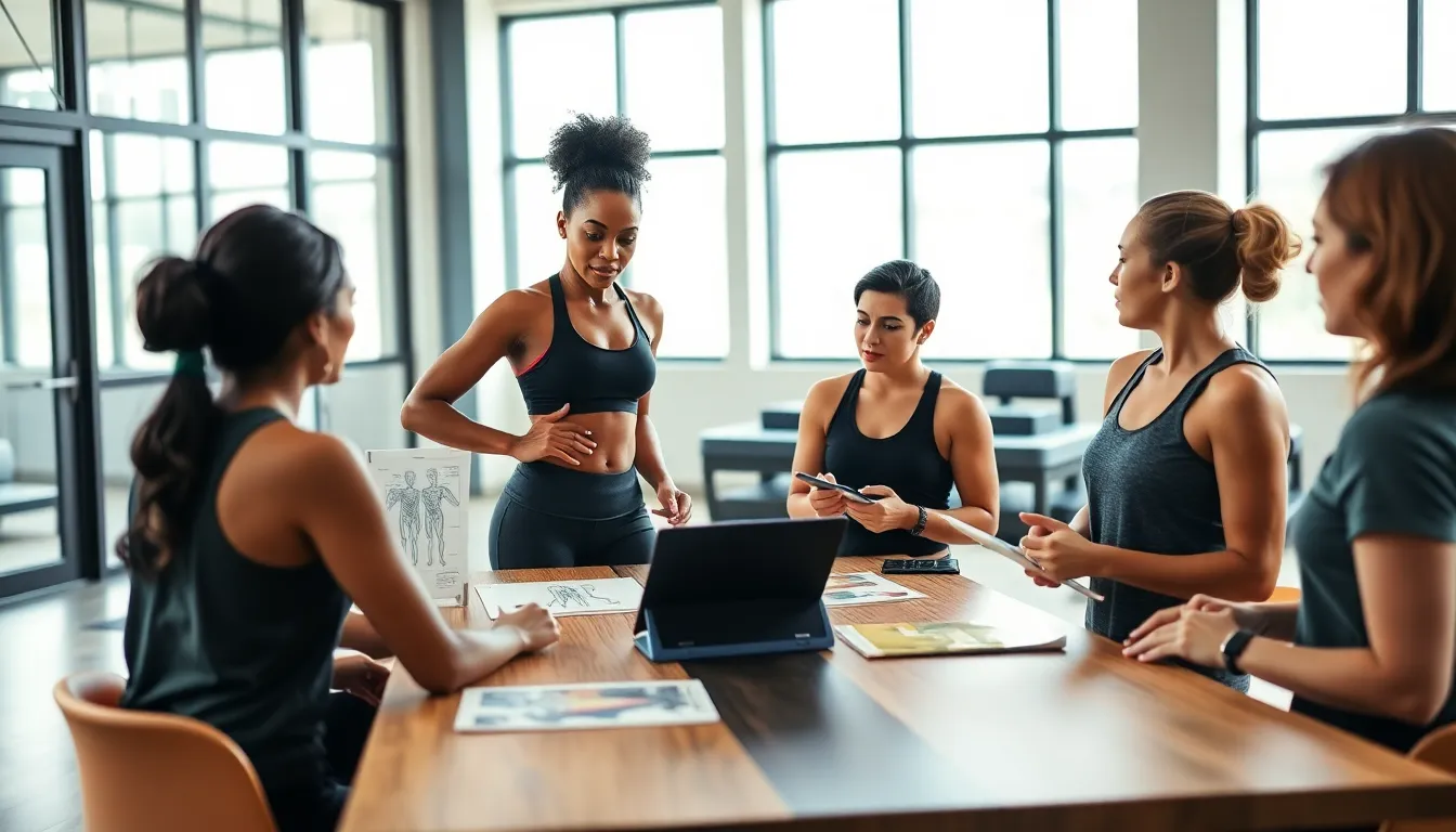 fitness professionals in a training workshop discussing NASM certification concepts.