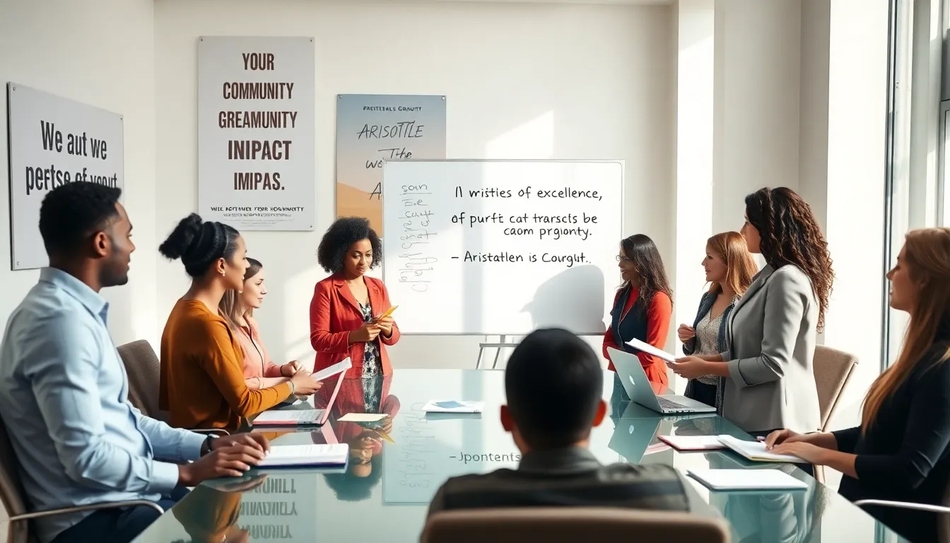 diverse professionals collaborating on greatness concept in a modern office.