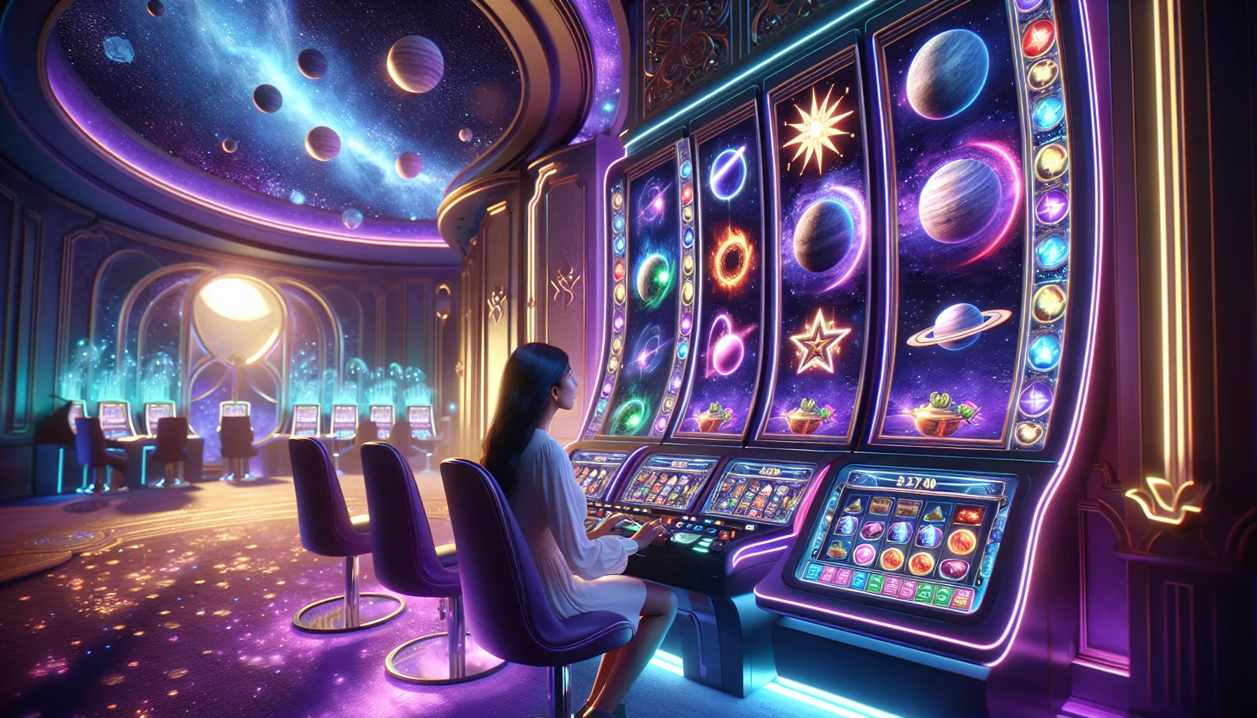 woman playing Luna Play88 Slot in a cosmic-themed gaming environment.