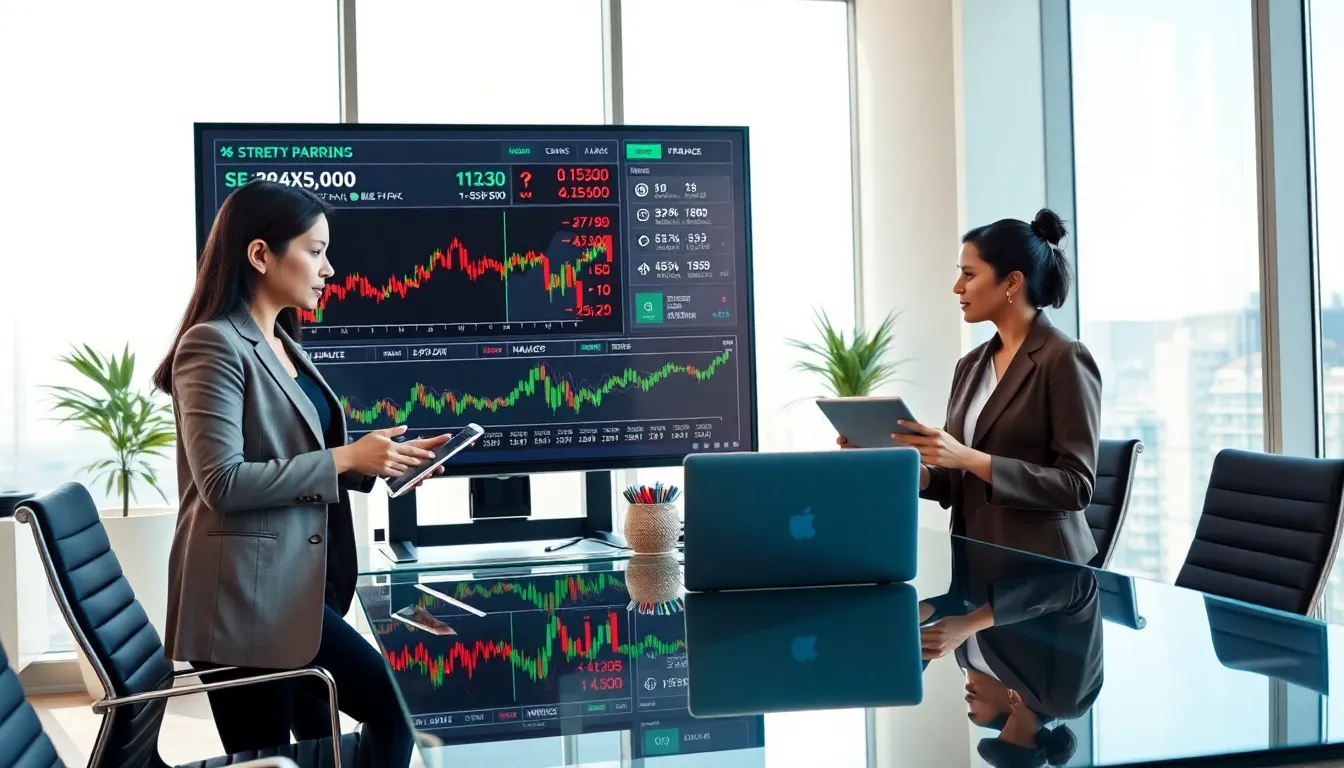diverse team analyzing stock market trends in a modern office.