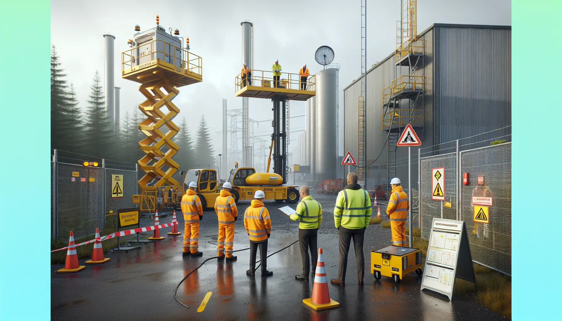 Workers in norway review lift safety plans and gear before starting elevated work.