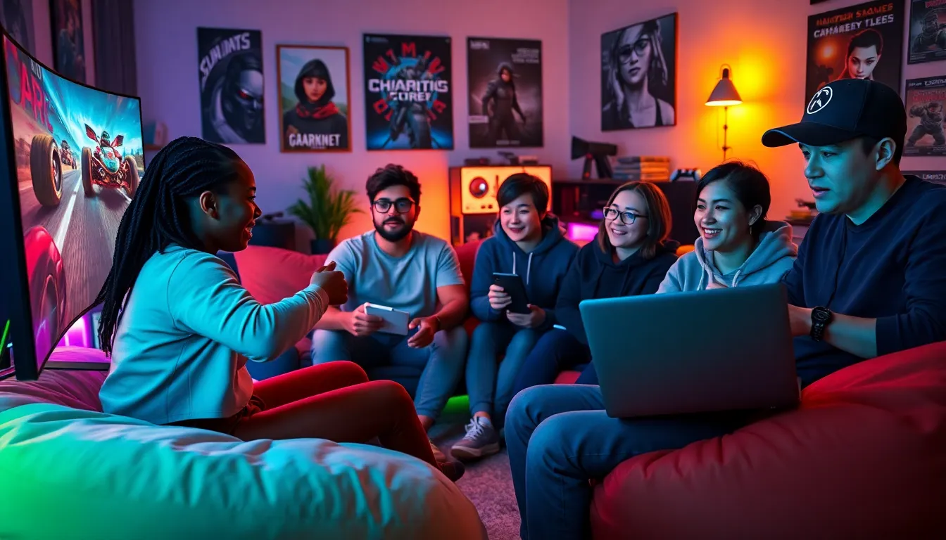a group of friends gaming together in a cozy living room.