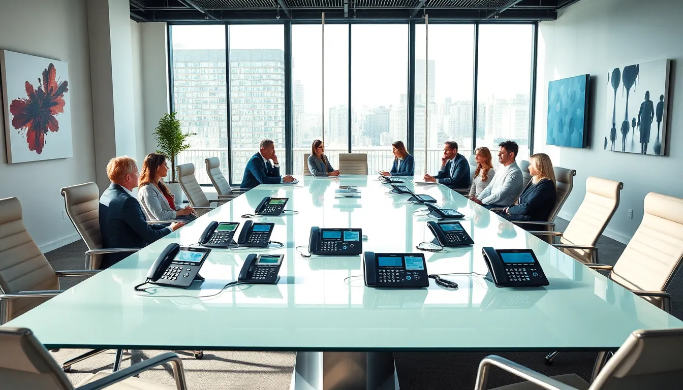 a diverse team in a modern office using Cisco VoIP phones.