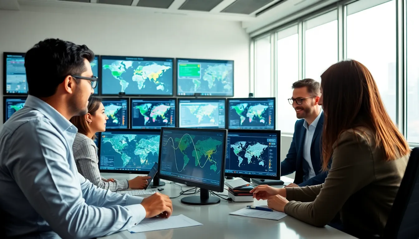 diverse team monitoring delivery routes in a modern logistics room.