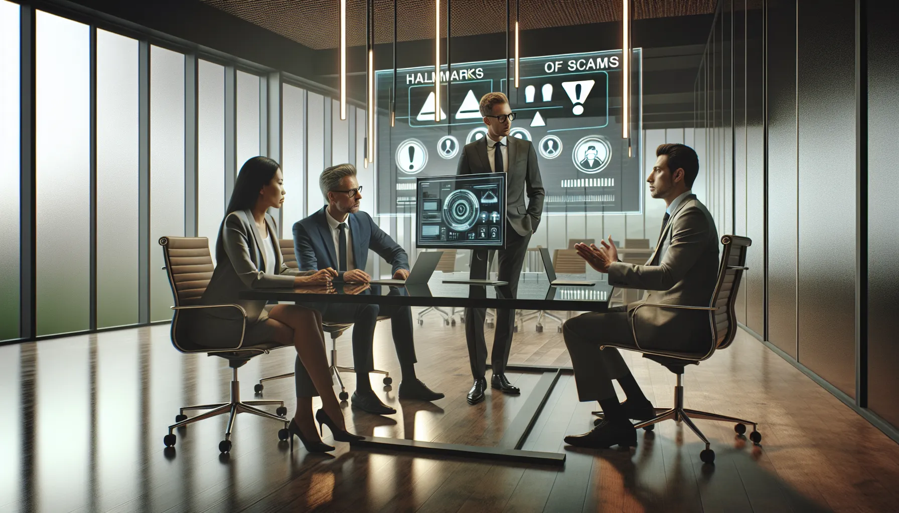 professionals discussing scam awareness in a modern office setting.