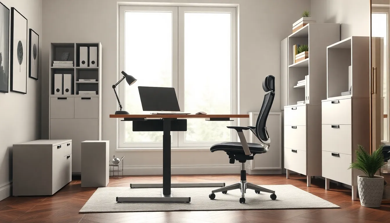 modern home office featuring ergonomic desk and comfortable chair.