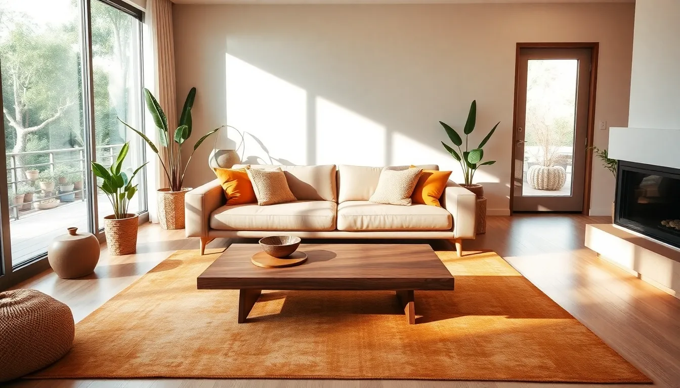 A cozy living room featuring amber hues and a stylish rug.