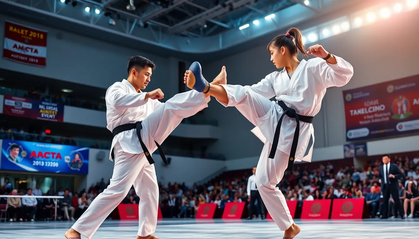 two taekwondo athletes competing in a modern gym setting.