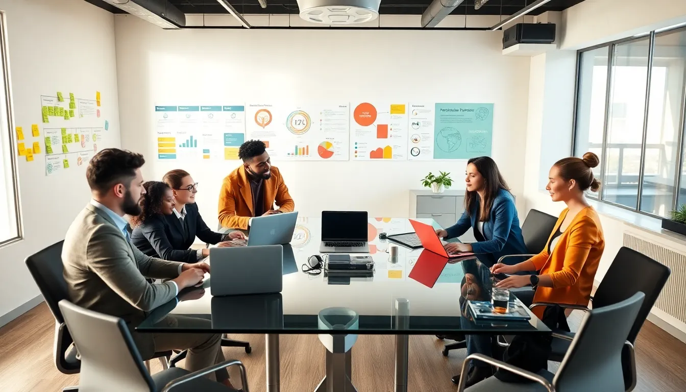 diverse team brainstorming in a modern office setting.