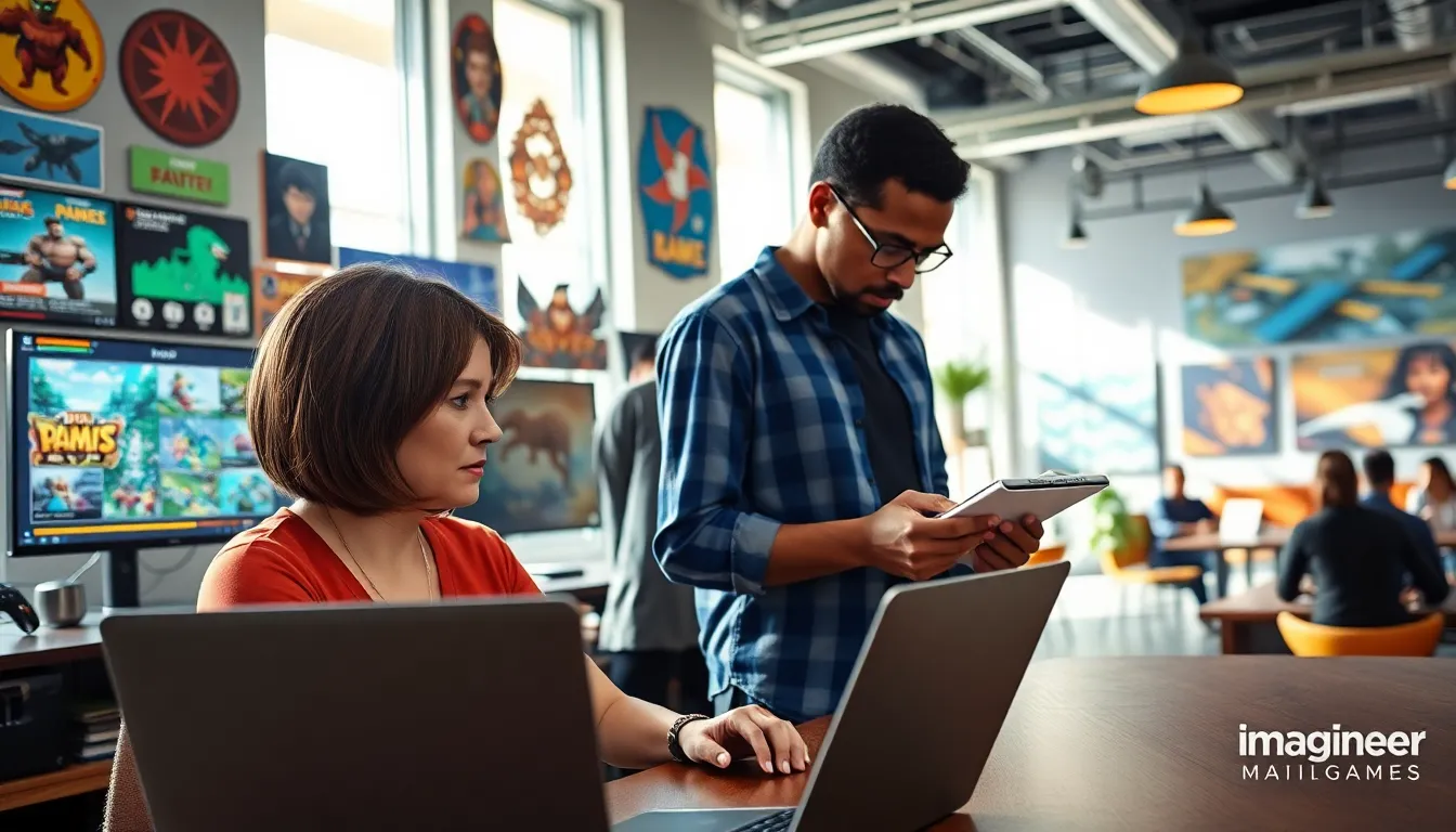 a diverse team of game developers collaborating in a modern studio