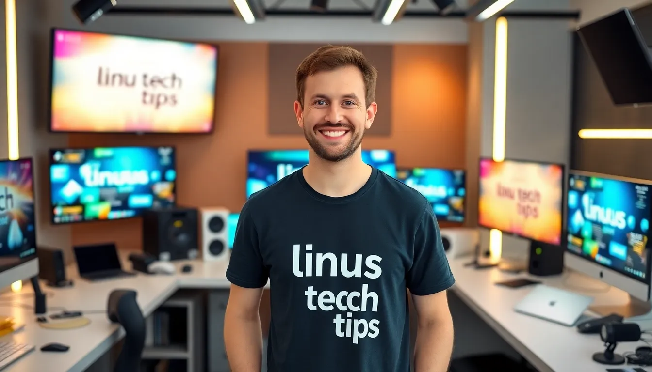 Linus Sebastian in a modern tech studio with various gadgets.