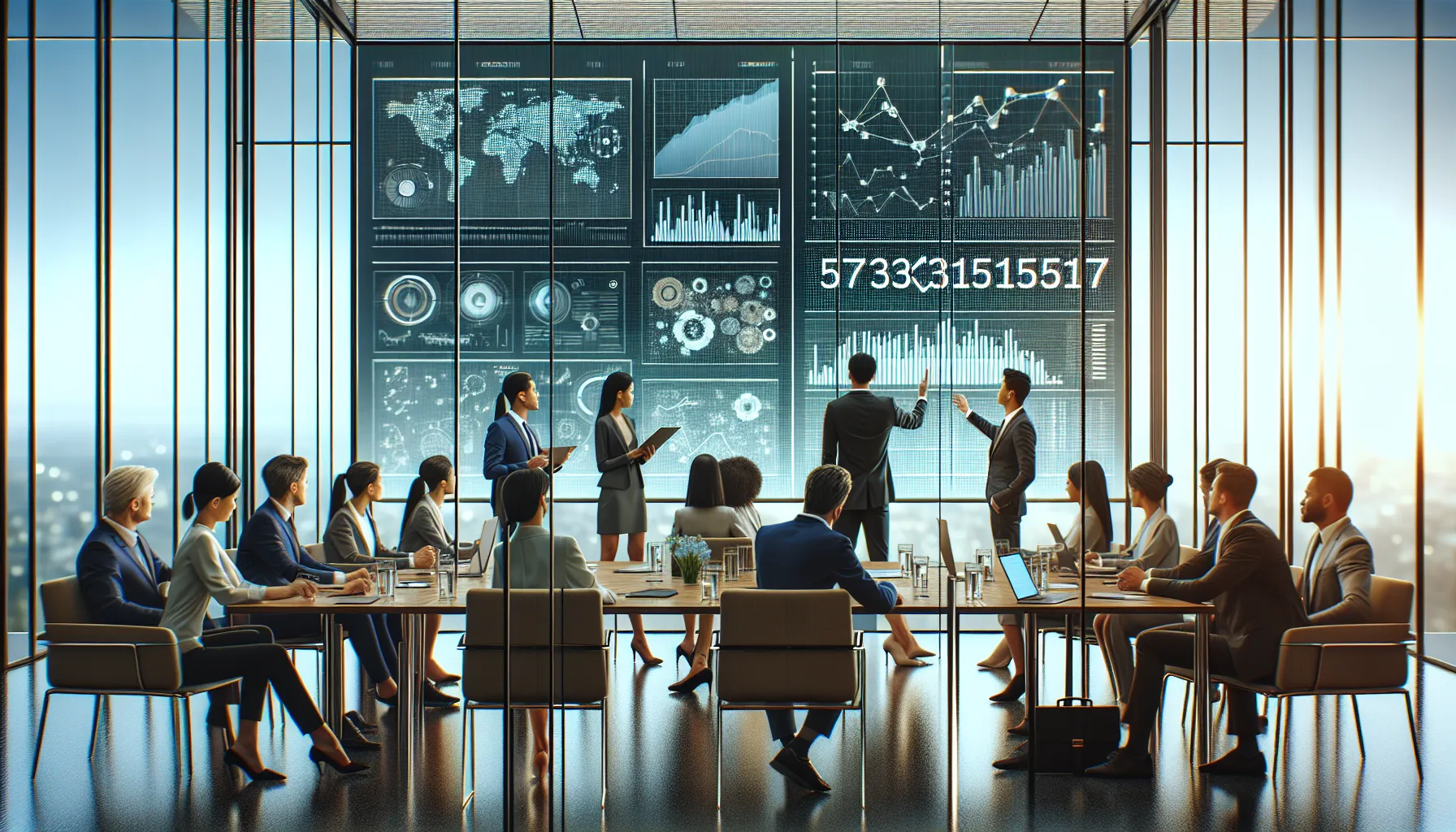 diverse team collaborating in a modern conference room with digital analytics.