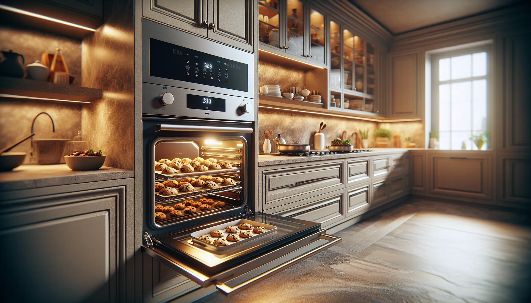 A convection oven baking cookies and vegetables in a modern kitchen.