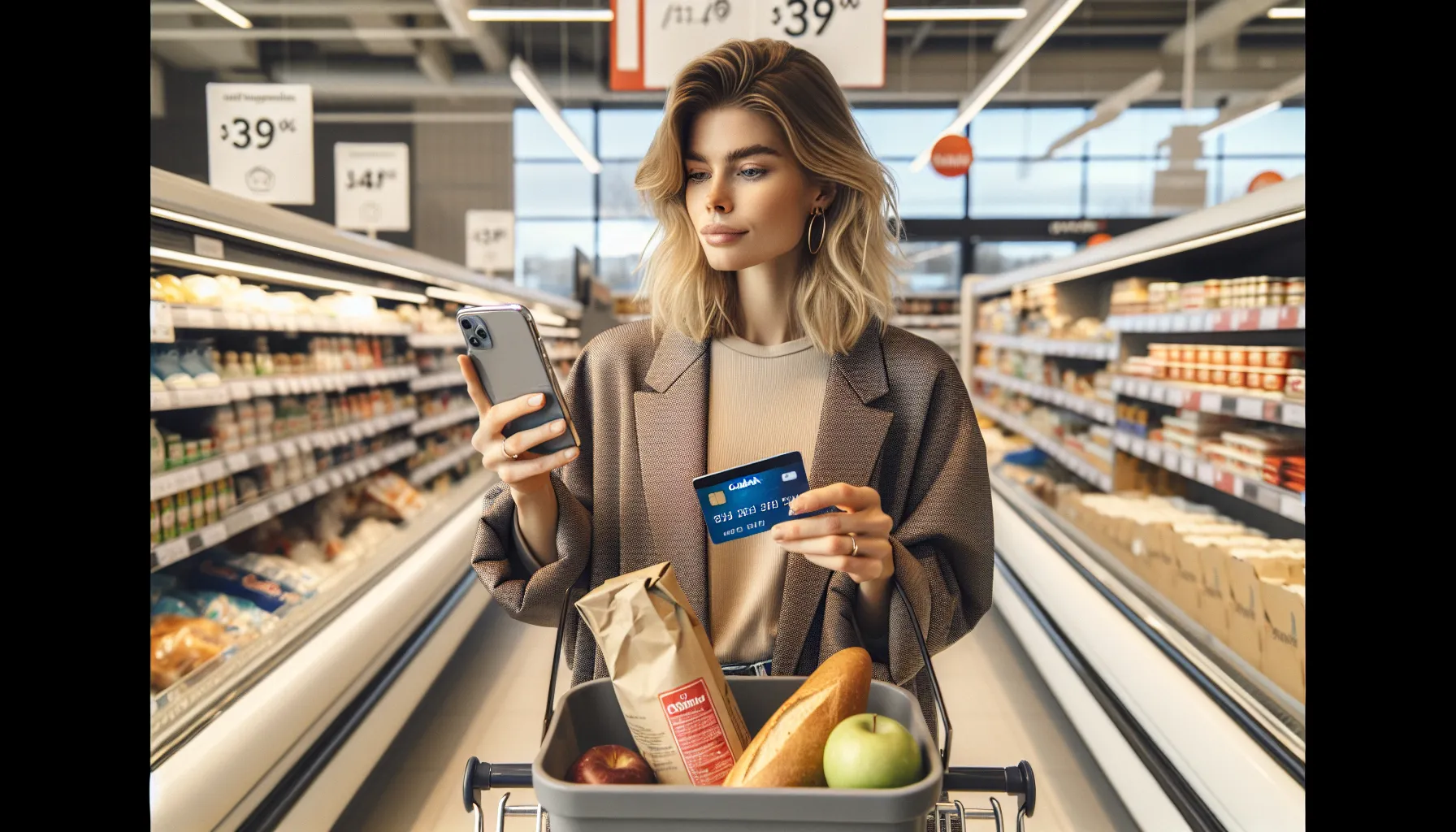 Norwegian shopper compares cashback cards on phone in a grocery aisle.