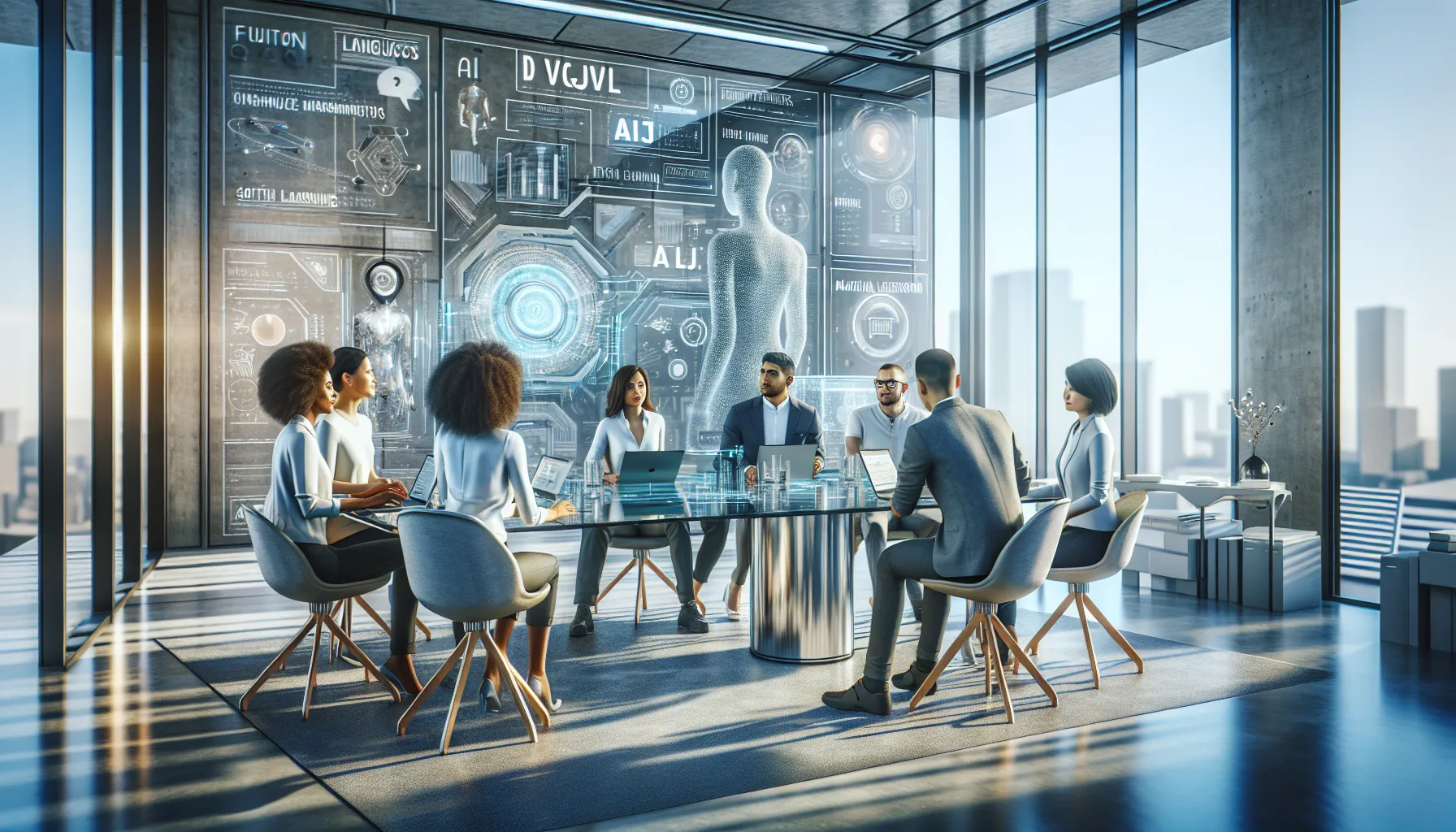 diverse team brainstorming about future language concepts in a modern office.