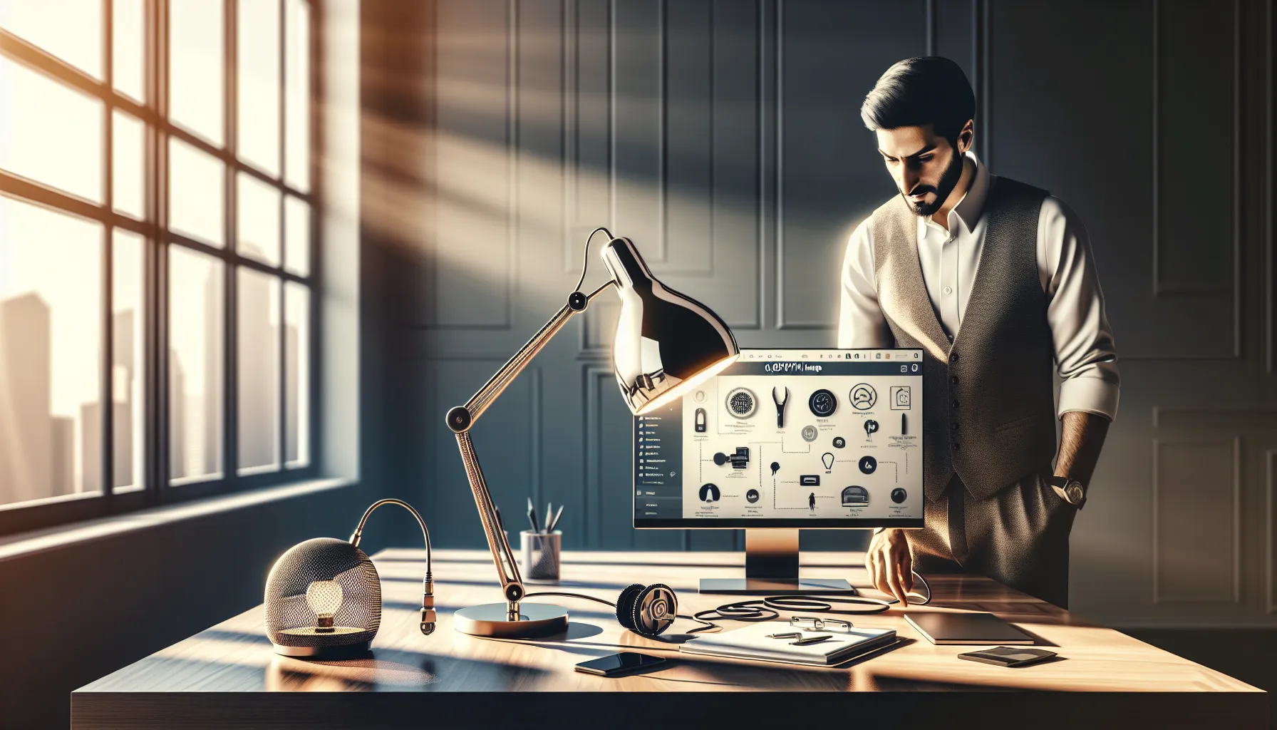 professional troubleshooting of a modern lamp in a stylish office.