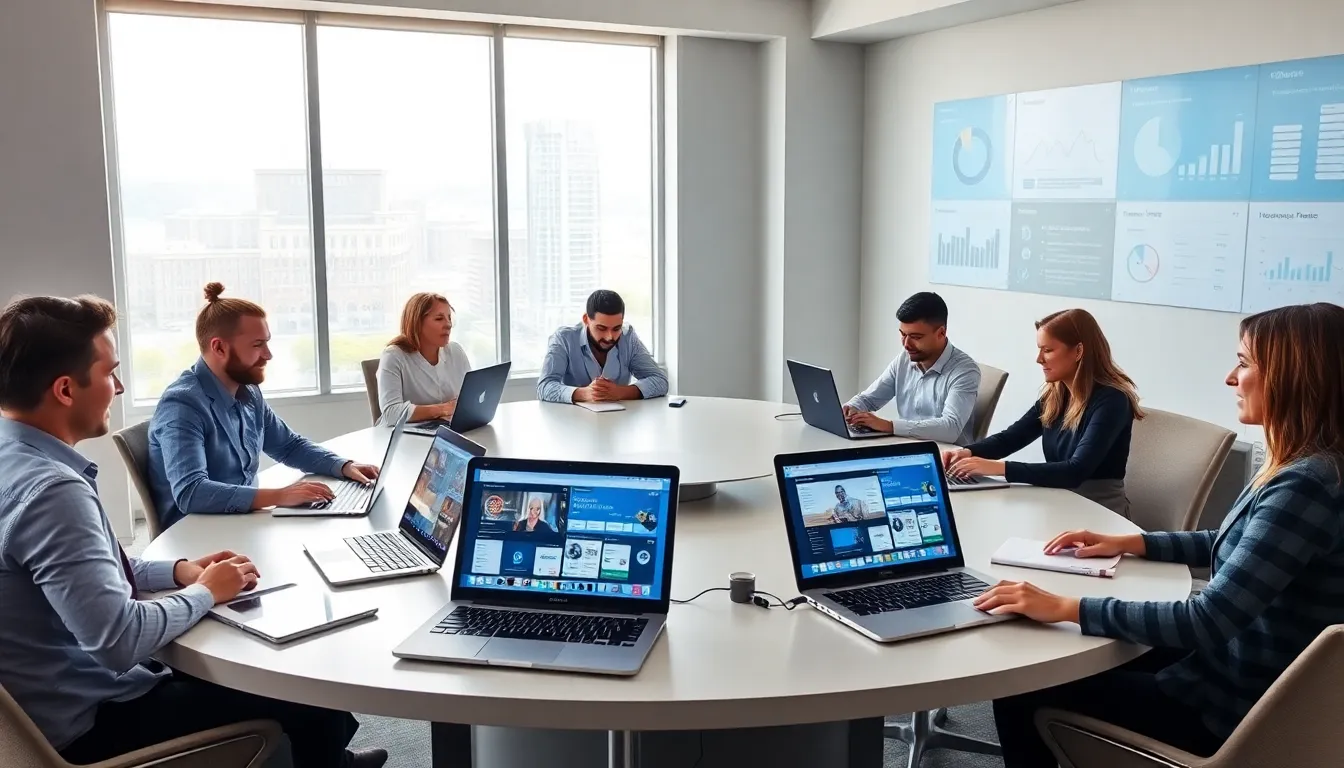 diverse team collaborating in a modern workspace with Aliensync interface.
