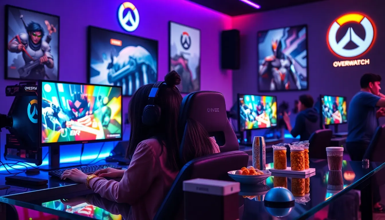 diverse gamers excitedly preparing for the next Overwatch event.