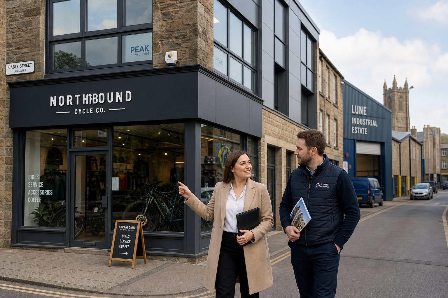 Client viewing a mixed-use commercial property in a realistic urban business setting.