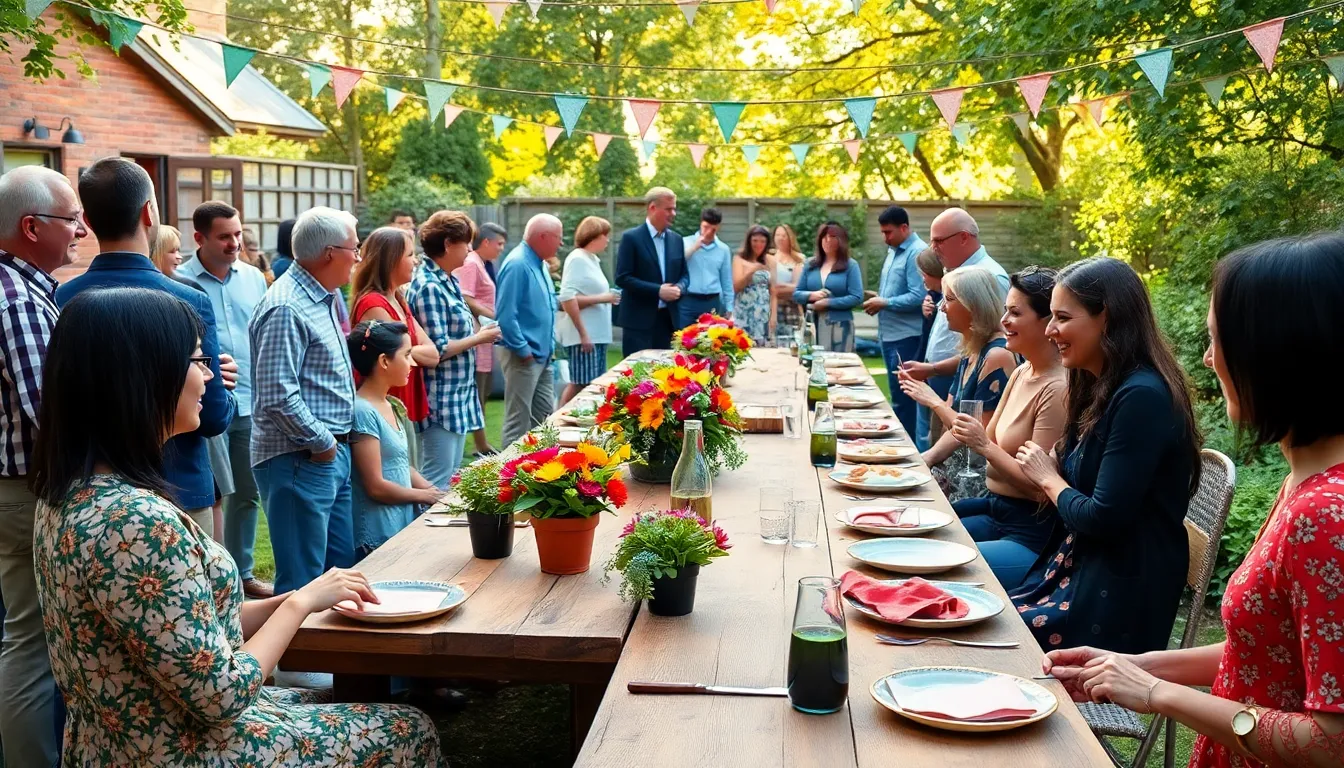 diverse group celebrating at a well-decorated outdoor thrifty event.