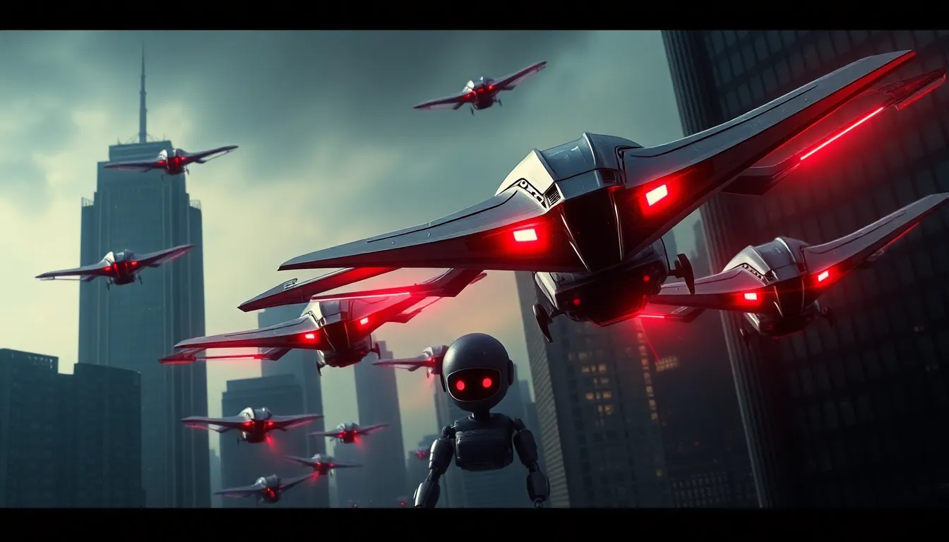 futuristic murder drones soaring over a dystopian cityscape.