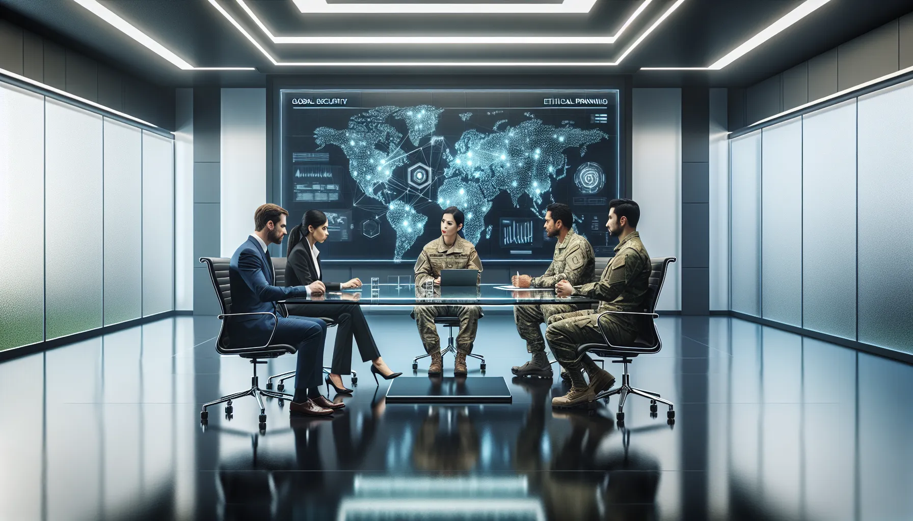 diverse professionals discussing military strategies in a modern conference room.