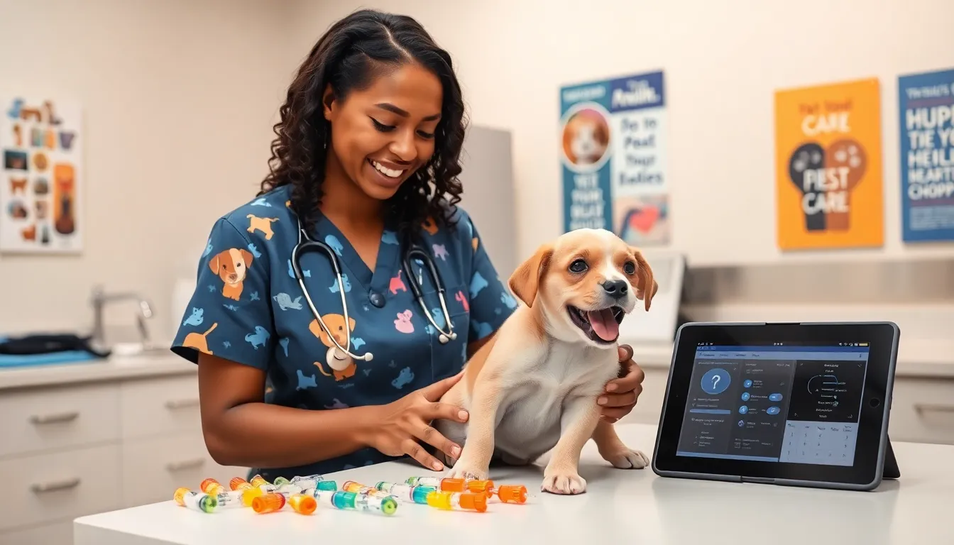veterinary technician with a puppy in a modern clinic.