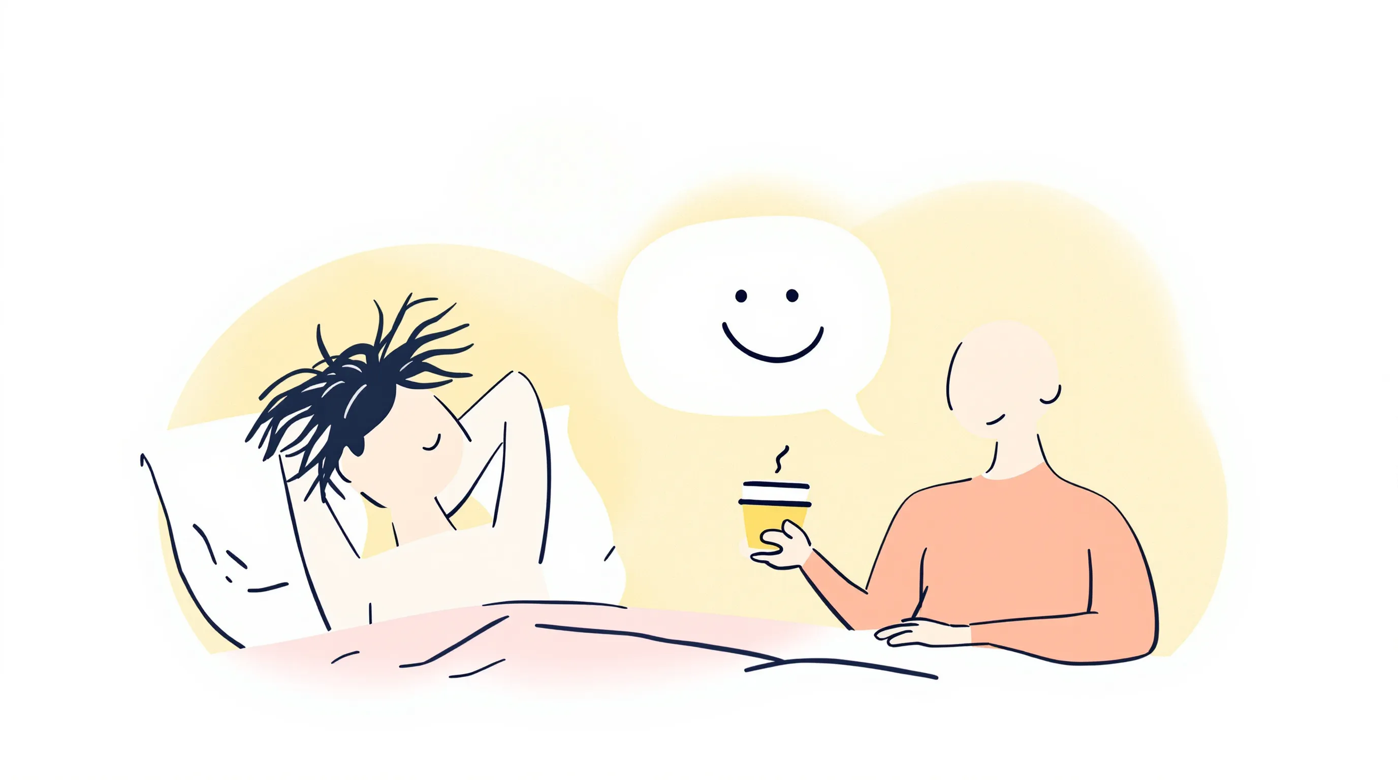 two friends exchanging a funny morning message, one stretching with messy hair