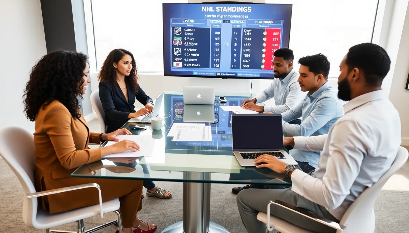 diverse professionals discussing NHL standings in a modern office.