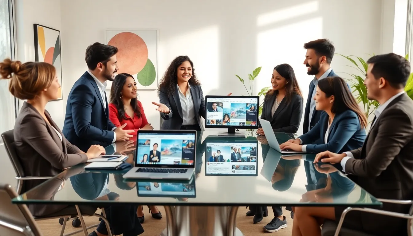 diverse team discussing social media trends in a modern office.