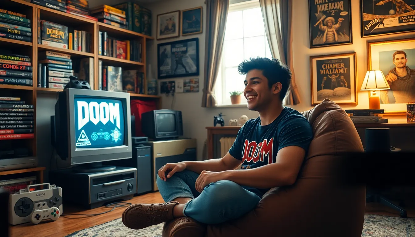 a young man playing classic PC games in a nostalgic living room.