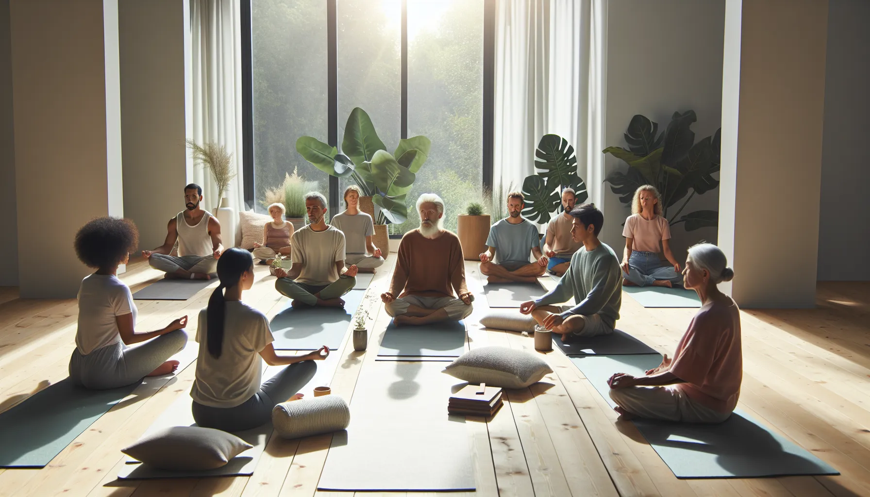 diverse group practicing yoga and discussing in a wellness studio.