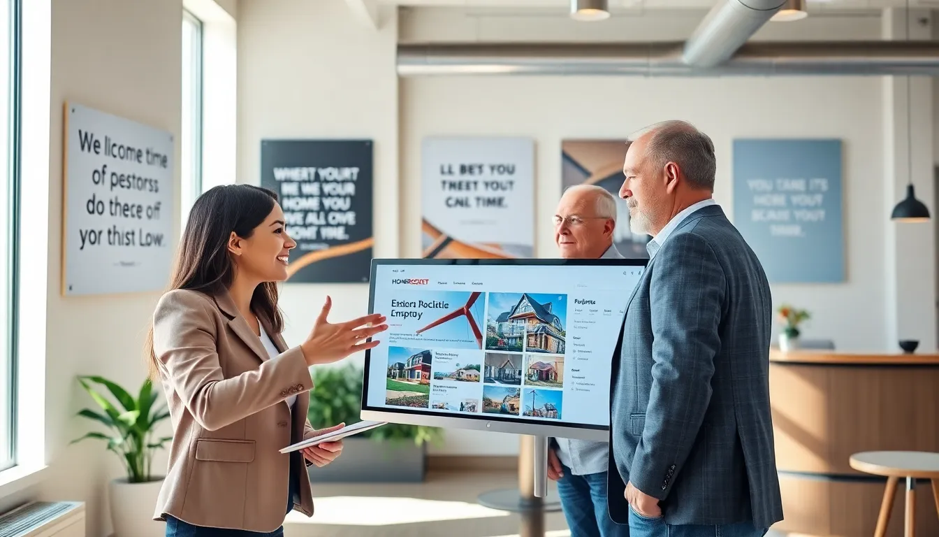 a real estate agent assisting a couple in a modern office setting.