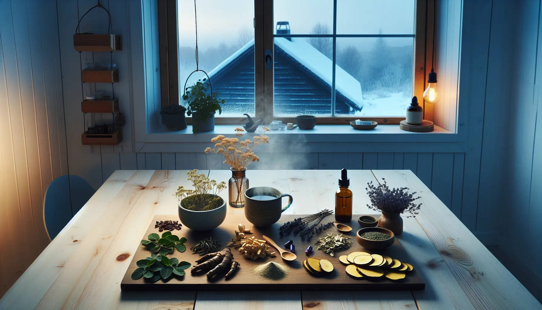 Urtemedisiner mot stress: virker de virkelig? 2 Norwegian adult comparing stress-relief herbs on a kitchen table at dusk.