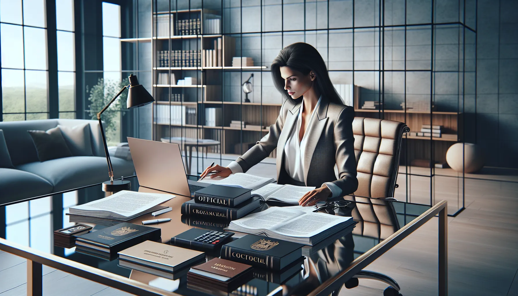 Croatian business consultant reviewing legal documents about freelance work regulations in modern office