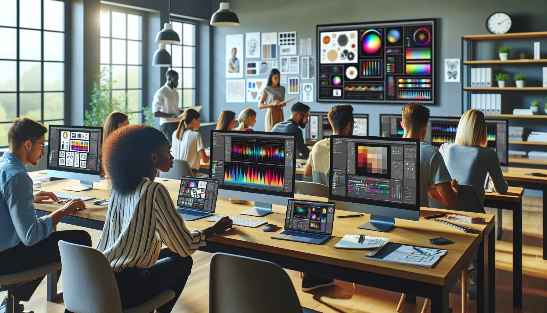 diverse group learning Photoshop in a modern training room.