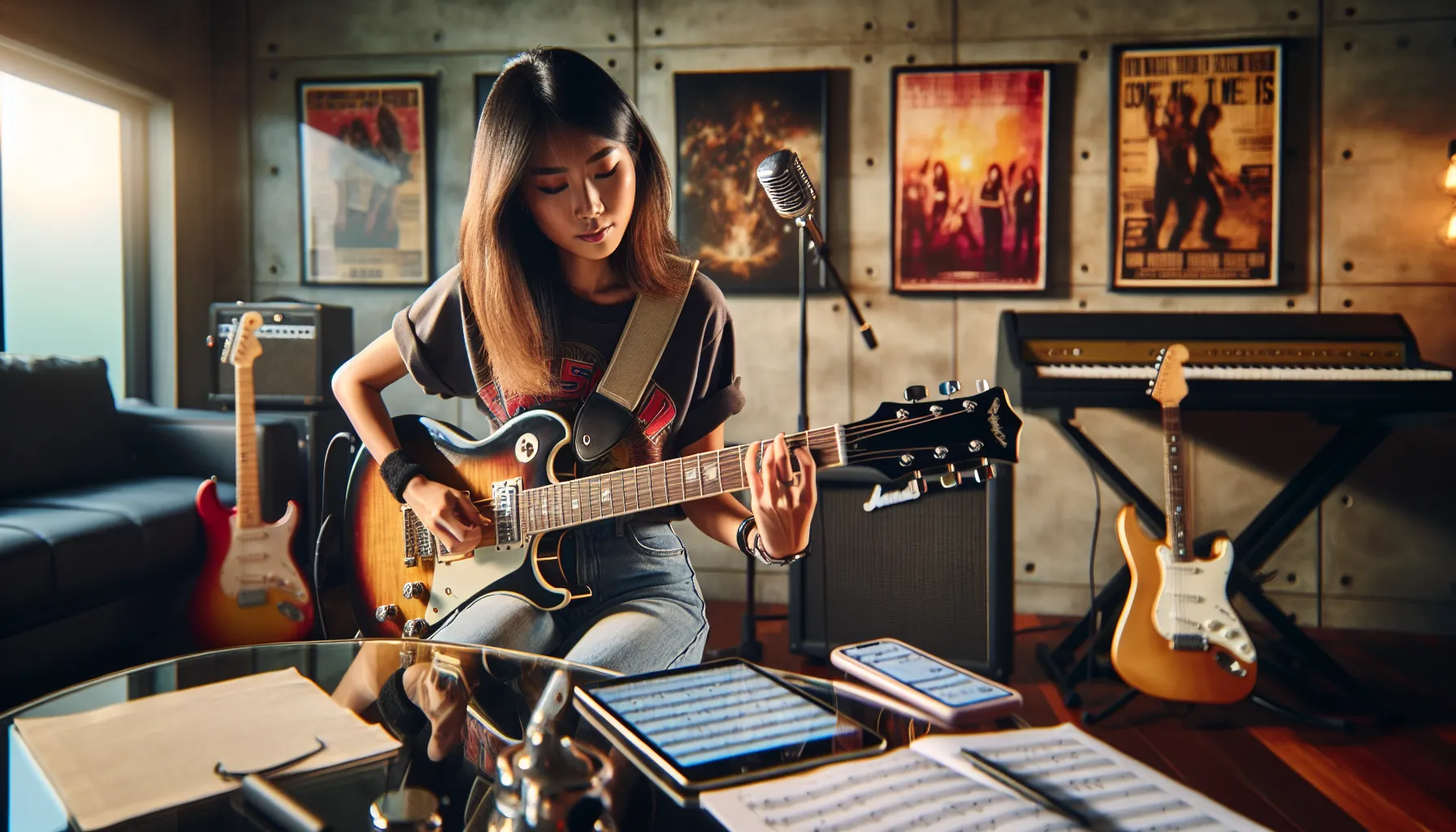 guitarist playing in a modern studio setting.