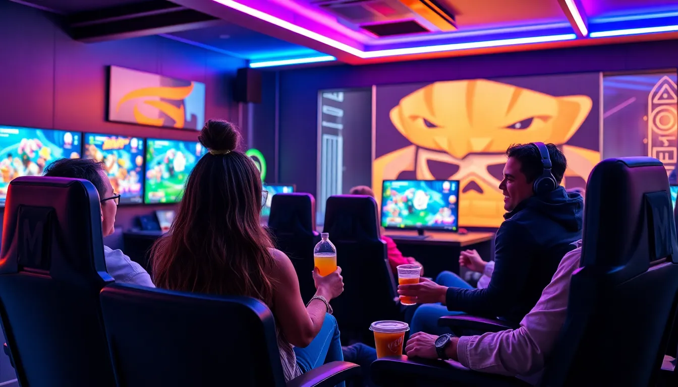 diverse group of players enjoying a gaming session in a vibrant lounge.