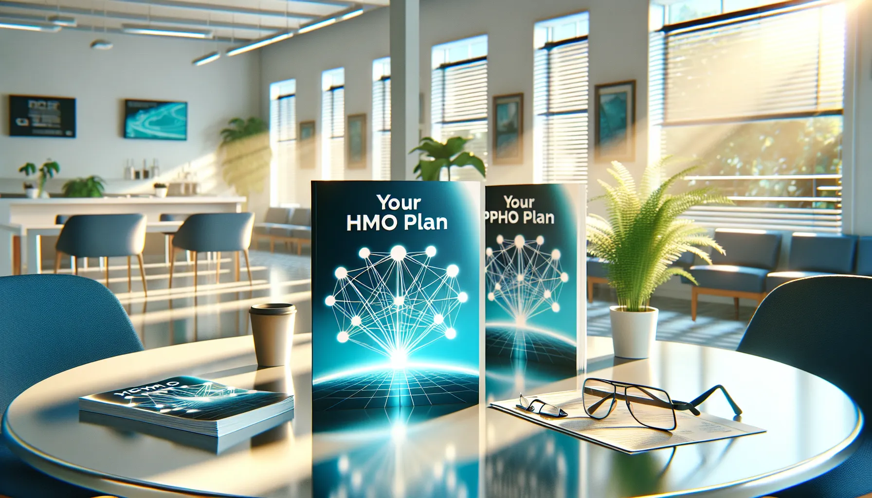 Two contrasting healthcare brochures on a desk in a professional office setting.