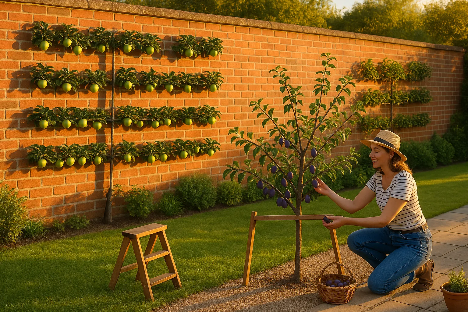 espalier apple trees along brick wall with a gardener harvesting from a fan-trained plum