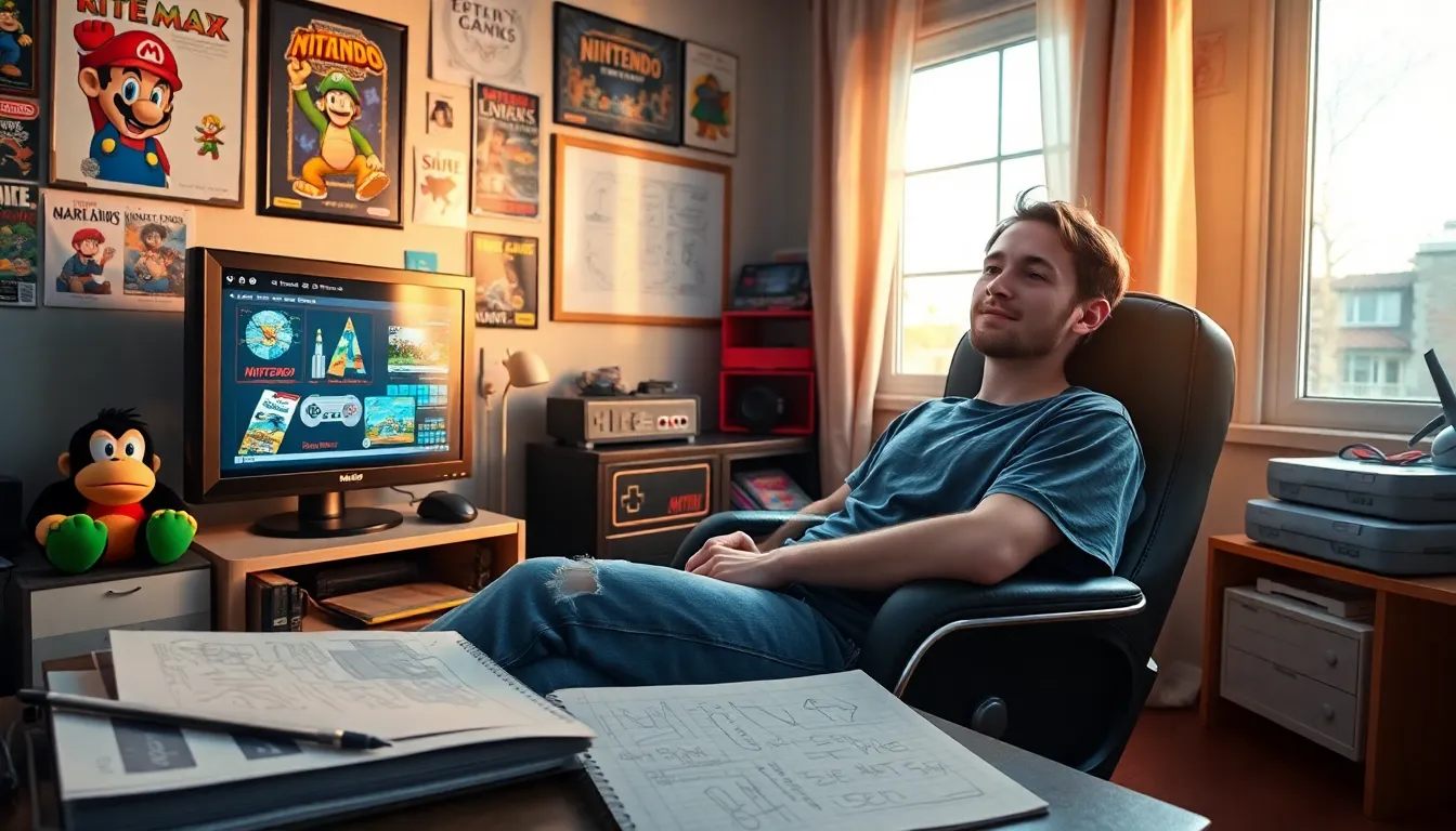 a gamer exploring Nintendo archives in a cozy room.