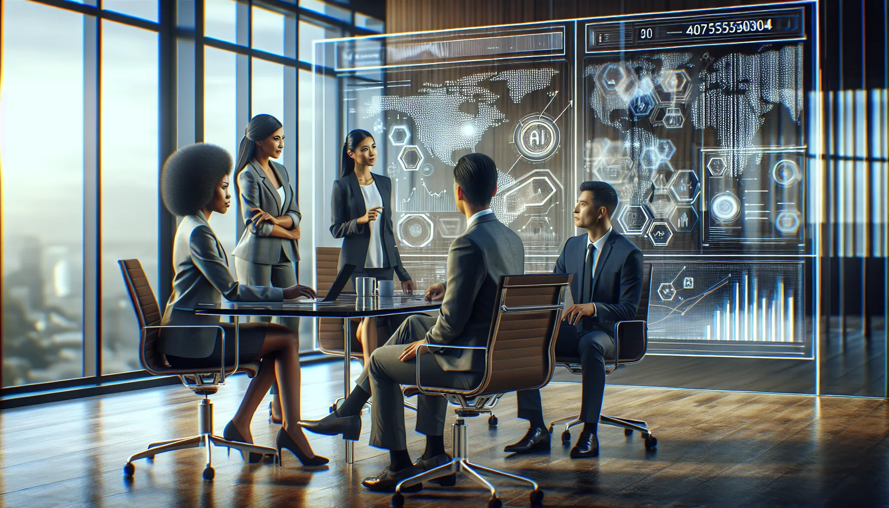 diverse professionals discussing data in a modern office setting.