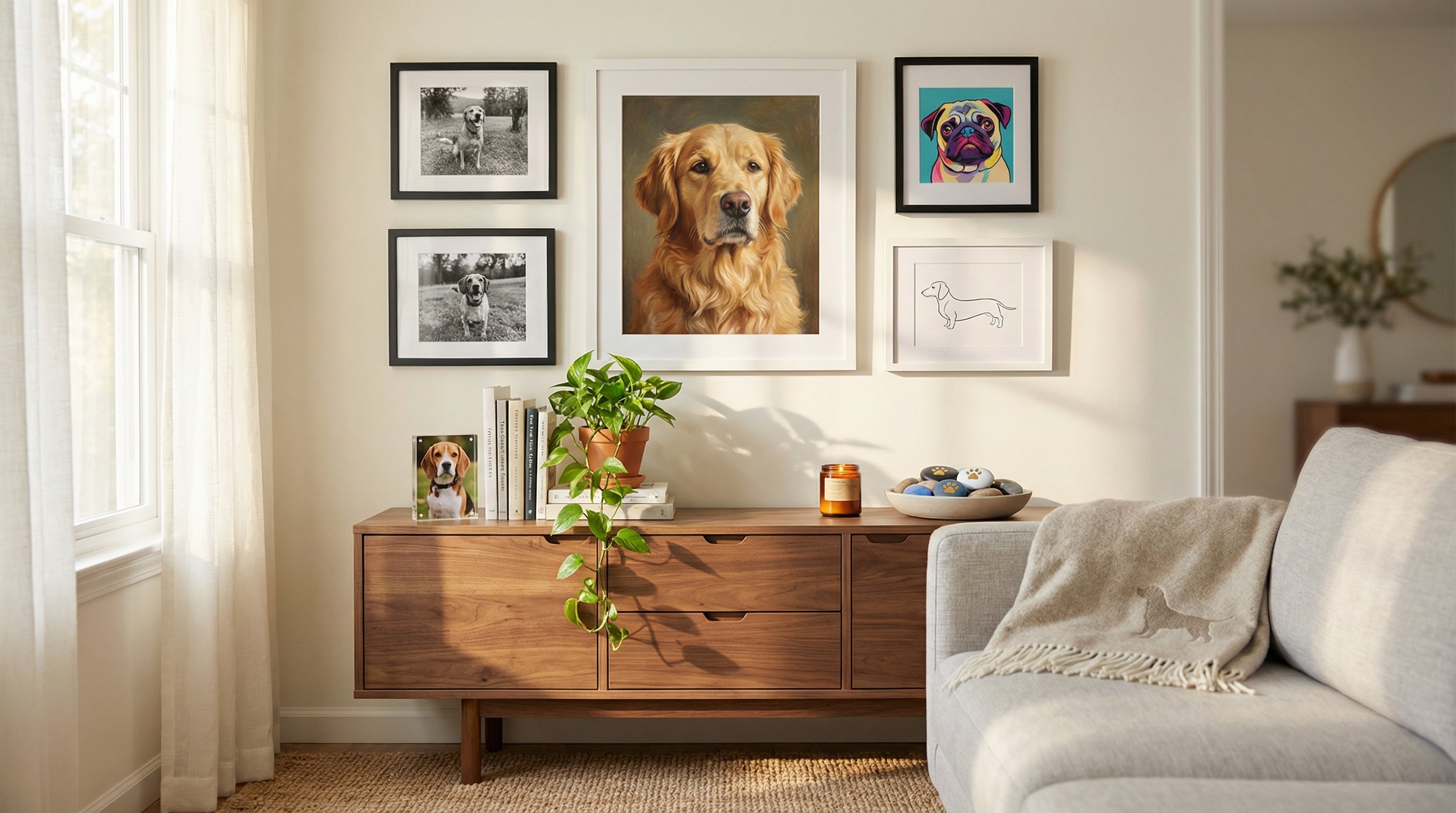 A stylish living room gallery wall featuring various framed dog portraits and decor.