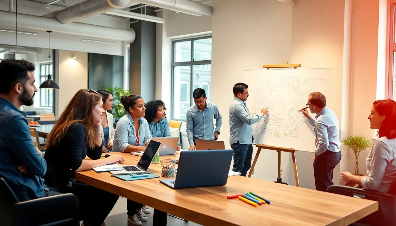diverse group collaborating in a modern workshop setting.